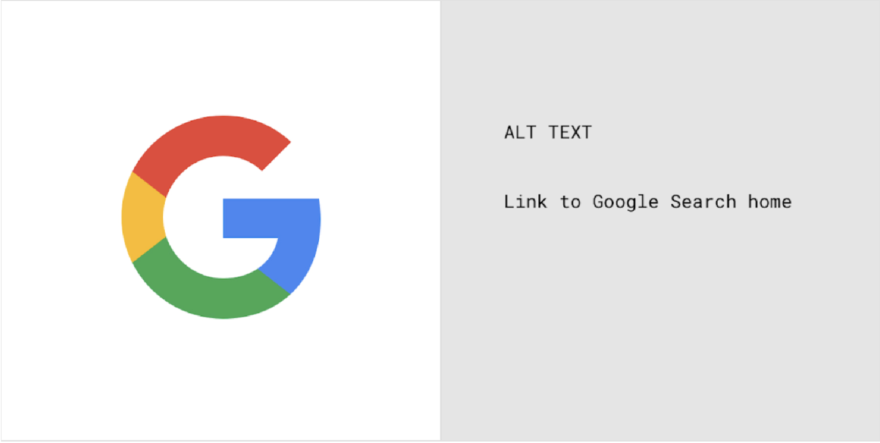 Man sieht das Google Logo in der linken Bildhälfte. In der rechten Hälfte der dazu passende Alt-Text